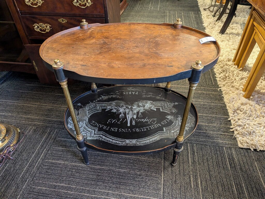 French Two-Tier Oval Table w/ Burled Walnut Top
