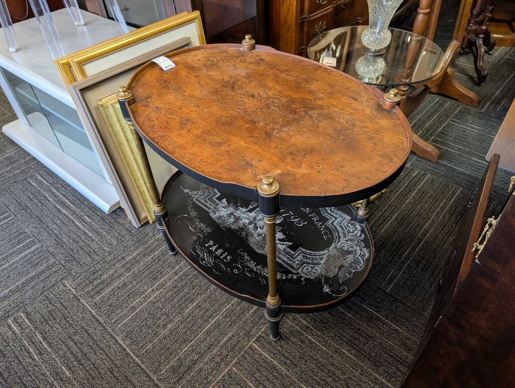 French Two-Tier Oval Table w/ Burled Walnut Top