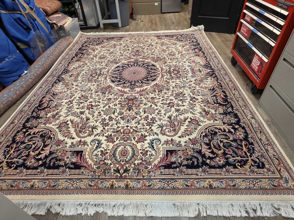 Stunning Hand Woven Wool Kerman Floral Medallion Ivory, Navy & Rose Oriental Carpet 9' by 12'8"