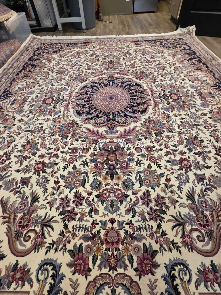 Stunning Hand Woven Wool Kerman Floral Medallion Ivory, Navy & Rose Oriental Carpet 9' by 12'8"