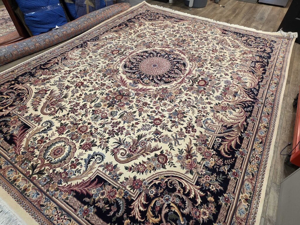 Stunning Hand Woven Wool Kerman Floral Medallion Ivory, Navy & Rose Oriental Carpet 9' by 12'8"
