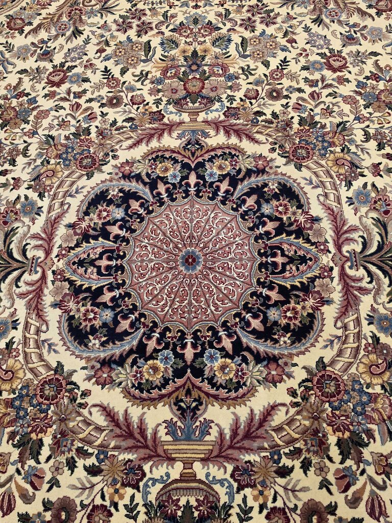 Stunning Hand Woven Wool Kerman Floral Medallion Ivory, Navy & Rose Oriental Carpet 9' by 12'8"