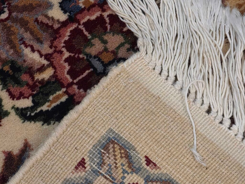 Stunning Hand Woven Wool Kerman Floral Medallion Ivory, Navy & Rose Oriental Carpet 9' by 12'8"