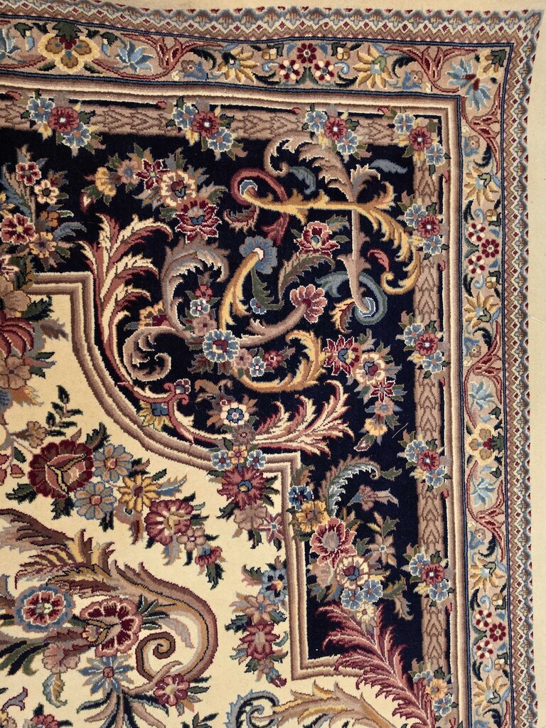 Stunning Hand Woven Wool Kerman Floral Medallion Ivory, Navy & Rose Oriental Carpet 9' by 12'8"