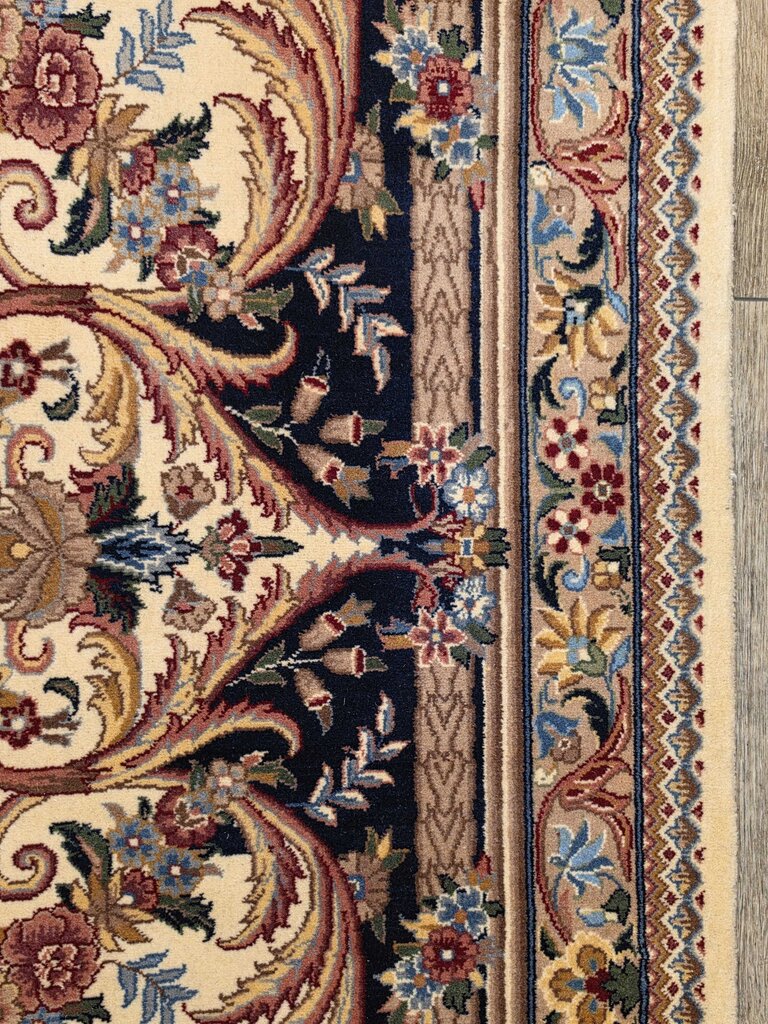 Stunning Hand Woven Wool Kerman Floral Medallion Ivory, Navy & Rose Oriental Carpet 9' by 12'8"