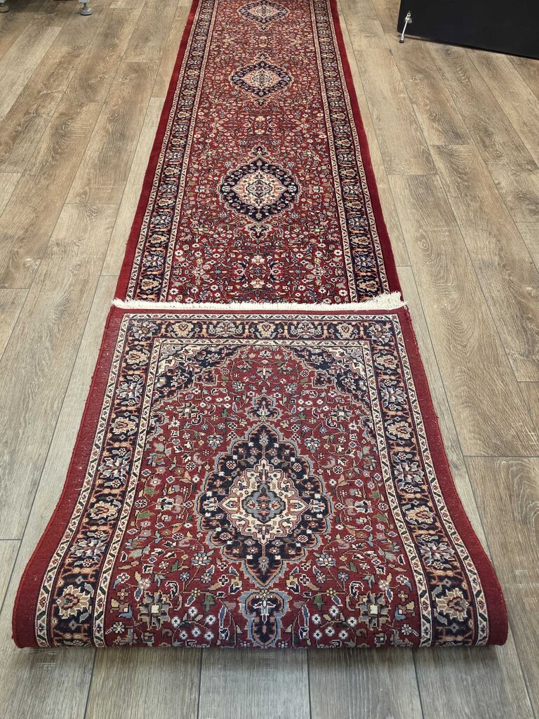 Fine Handwoven Wool Kashan Floral Medallion Red, Navy & Ivory Runner 2'7" by 16'7"