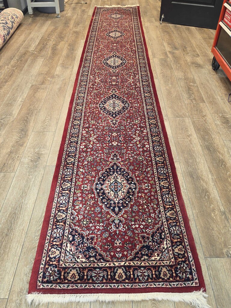 Fine Handwoven Wool Kashan Floral Medallion Red, Navy & Ivory Runner 2'7" by 16'7"