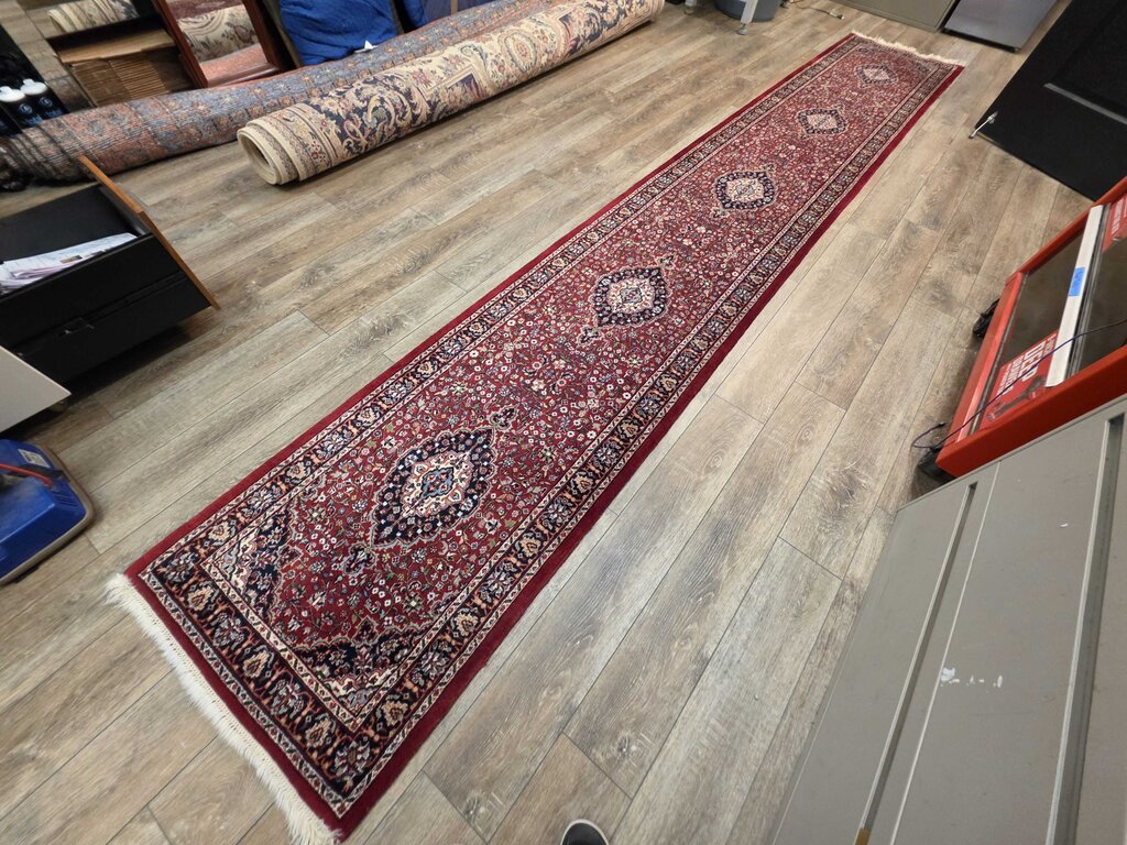 Fine Handwoven Wool Kashan Floral Medallion Red, Navy & Ivory Runner 2'7" by 16'7"