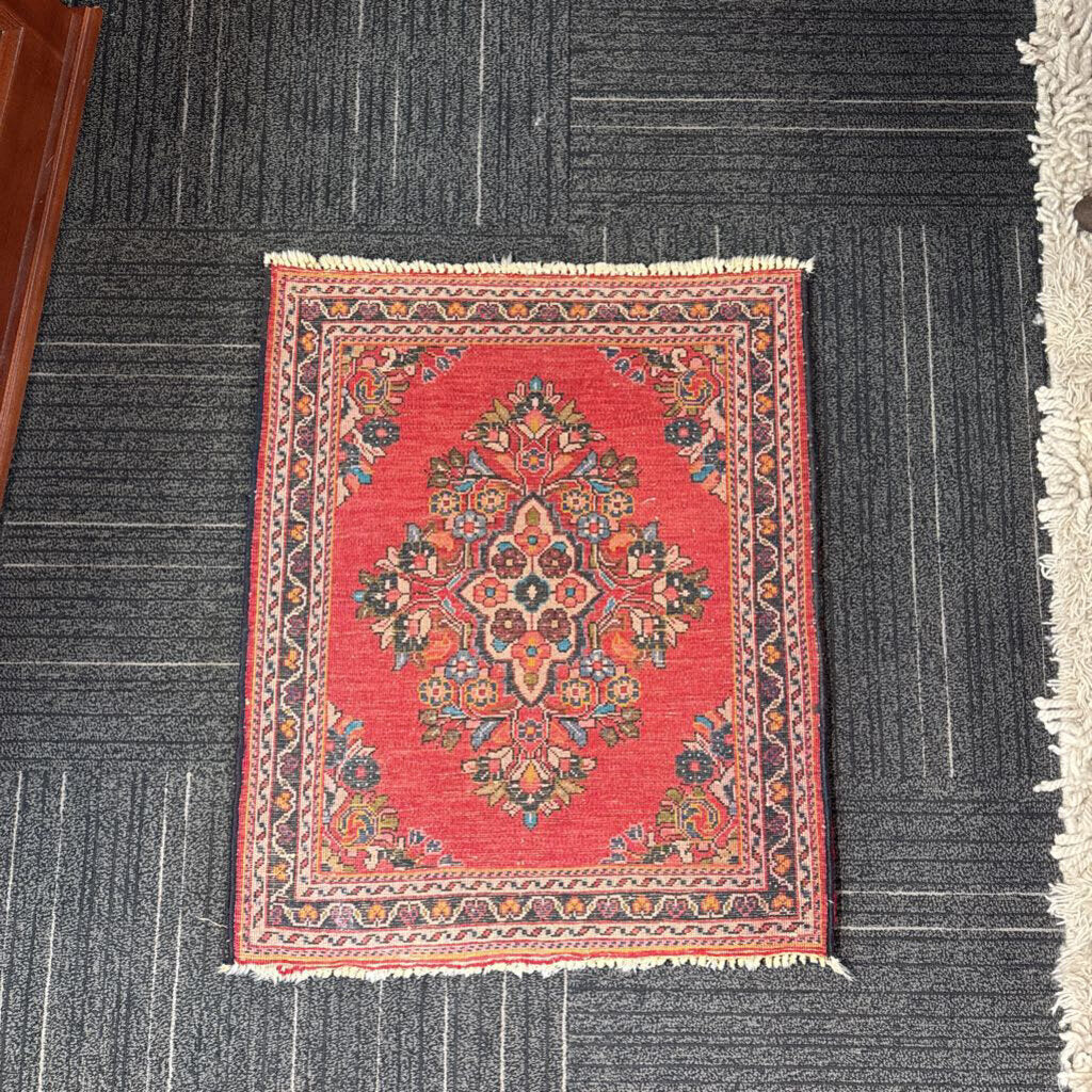 Semi-Antique Wool Floral Medallion Carpet 2' by 2'6"