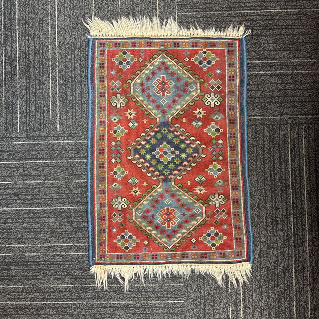Handwoven Triple-Medallion Turkish Yastik Rug 1'8" by 2'8"