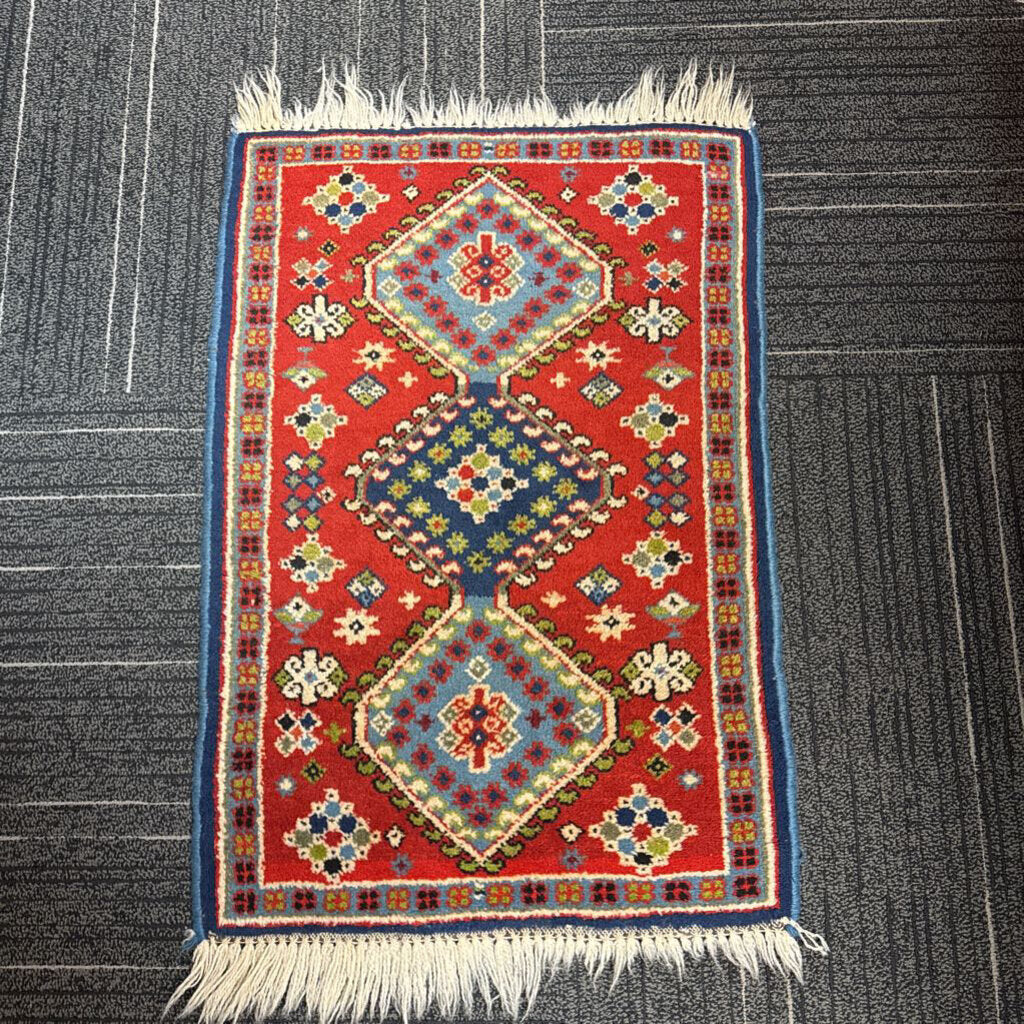 Handwoven Triple-Medallion Turkish Yastik Rug 1'8" by 2'8"