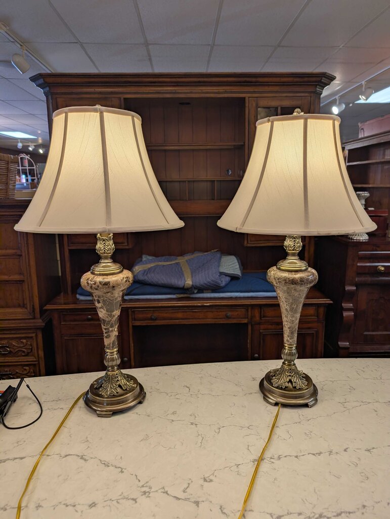 Pair of Ornate Stone & Brass Table Lamps