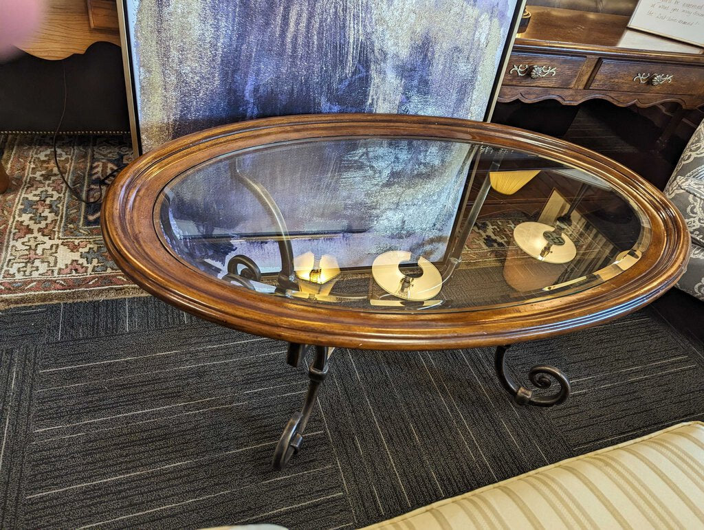 Ethan Allen Oval Glass Top Wrought Iron Coffee Table