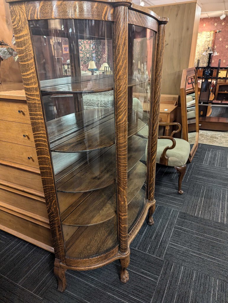 Antique Oak Curved Glass Curio Cabinet