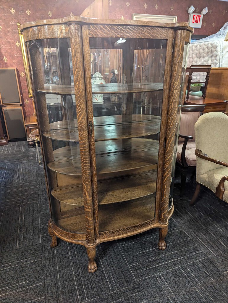 Antique Oak Curved Glass Curio Cabinet