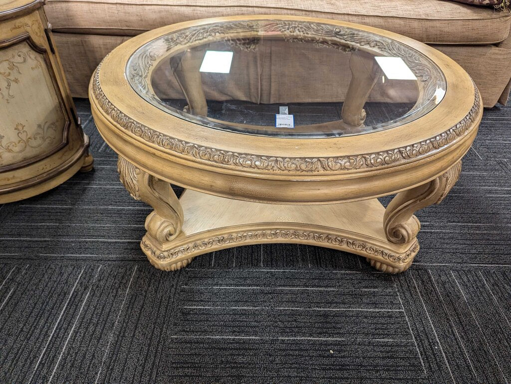 Round Glass Top Carved Coffee Table by Schnadig