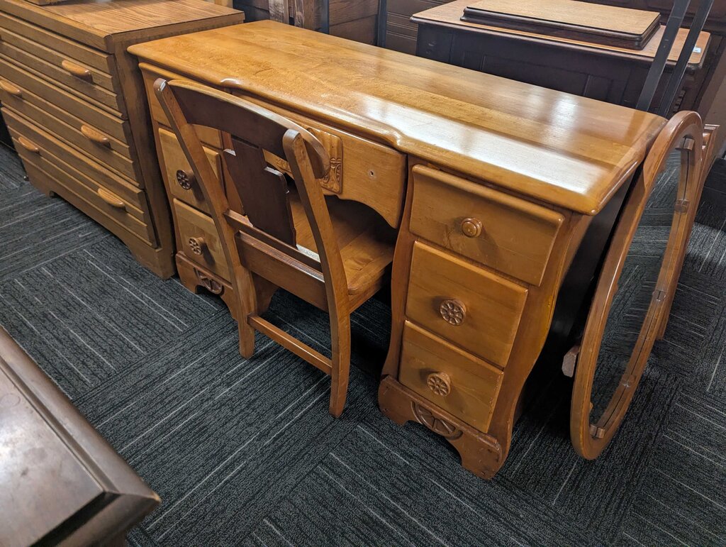 Vintage Maple Vanity With Chair And Mirror