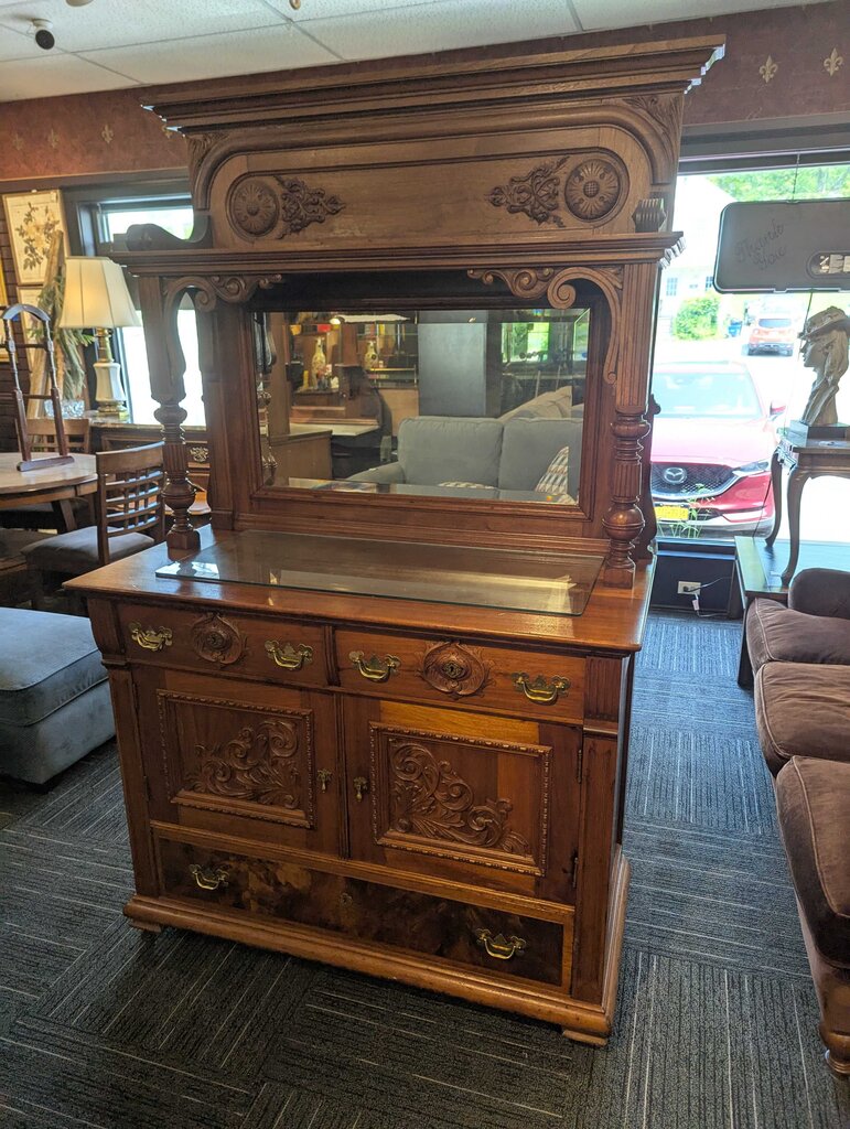 Antique Carved Walnut Sideboard With Mirror