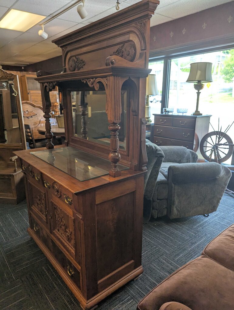 Antique Carved Walnut Sideboard With Mirror
