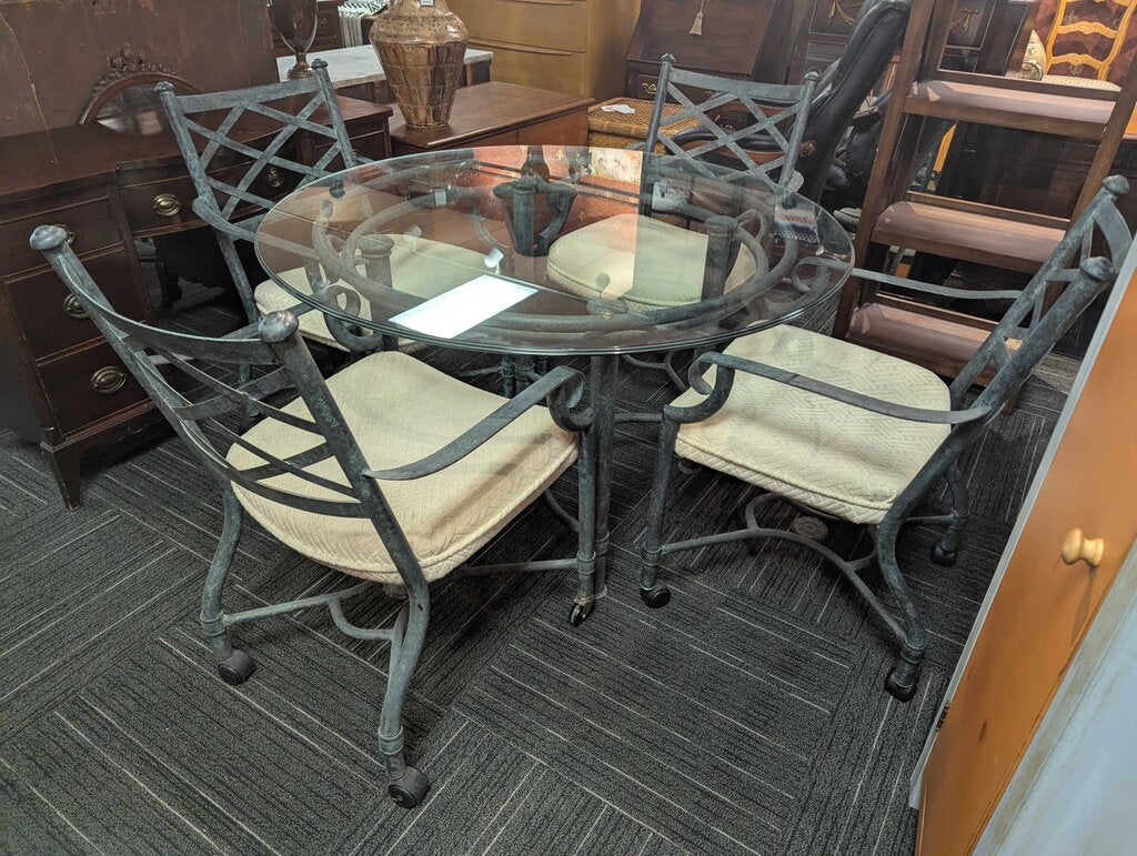 Vintage Glass Top Dining Table with Metal Chairs