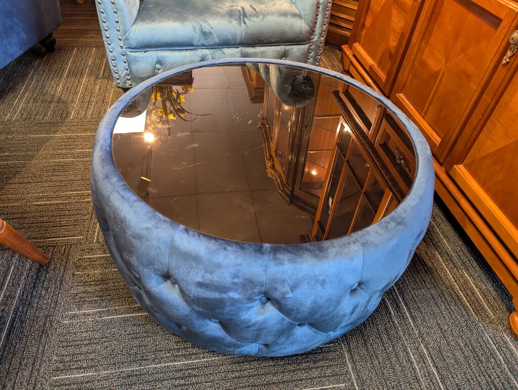 Tufted Blue Velour Ottoman/Coffee Table