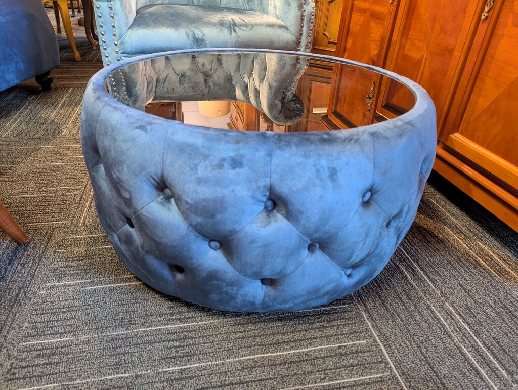 Tufted Blue Velour Ottoman/Coffee Table