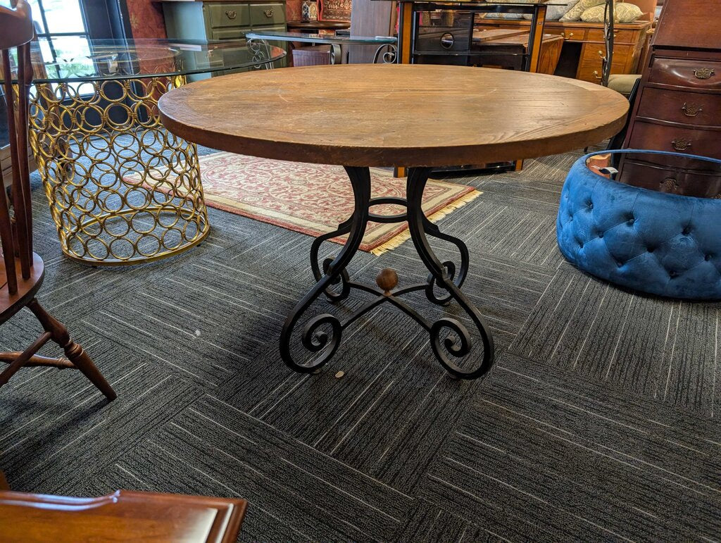 Rustic Oak Top Center Table / Dining Table w/ Wrought Iron Base