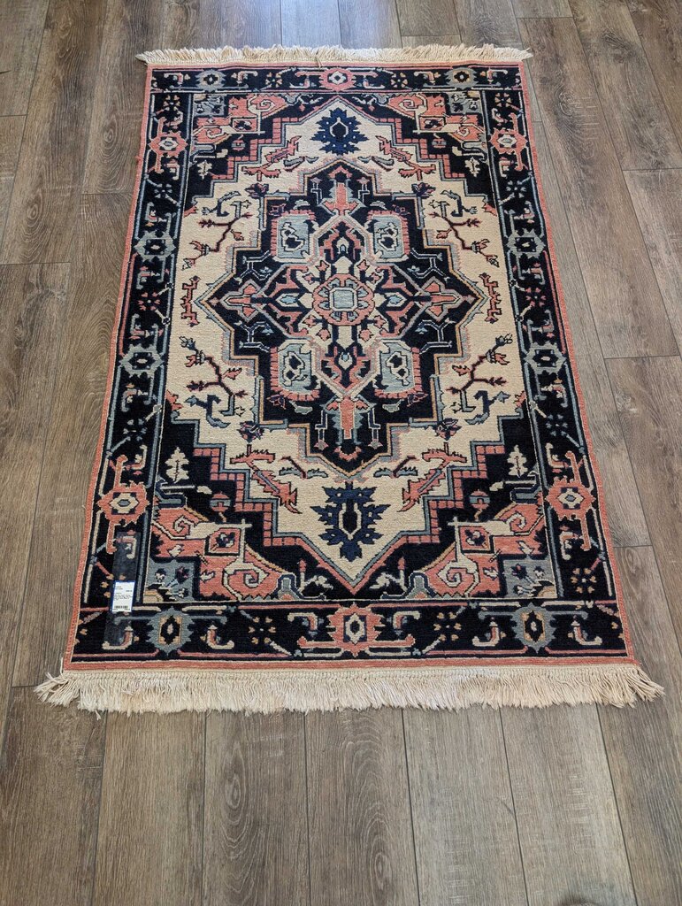 Kilim Flat Hand Woven Wool Heriz Rug with Deep Blues & Soft Pinks 6' by 3'6"
