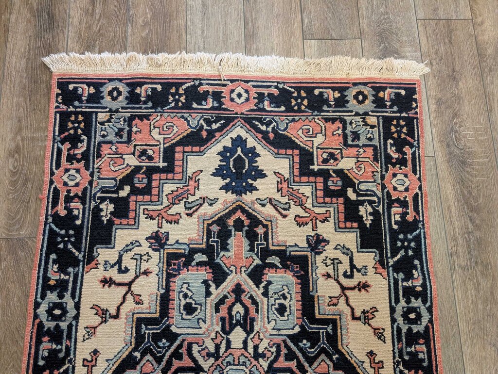 Kilim Flat Hand Woven Wool Heriz Rug with Deep Blues & Soft Pinks 6' by 3'6"