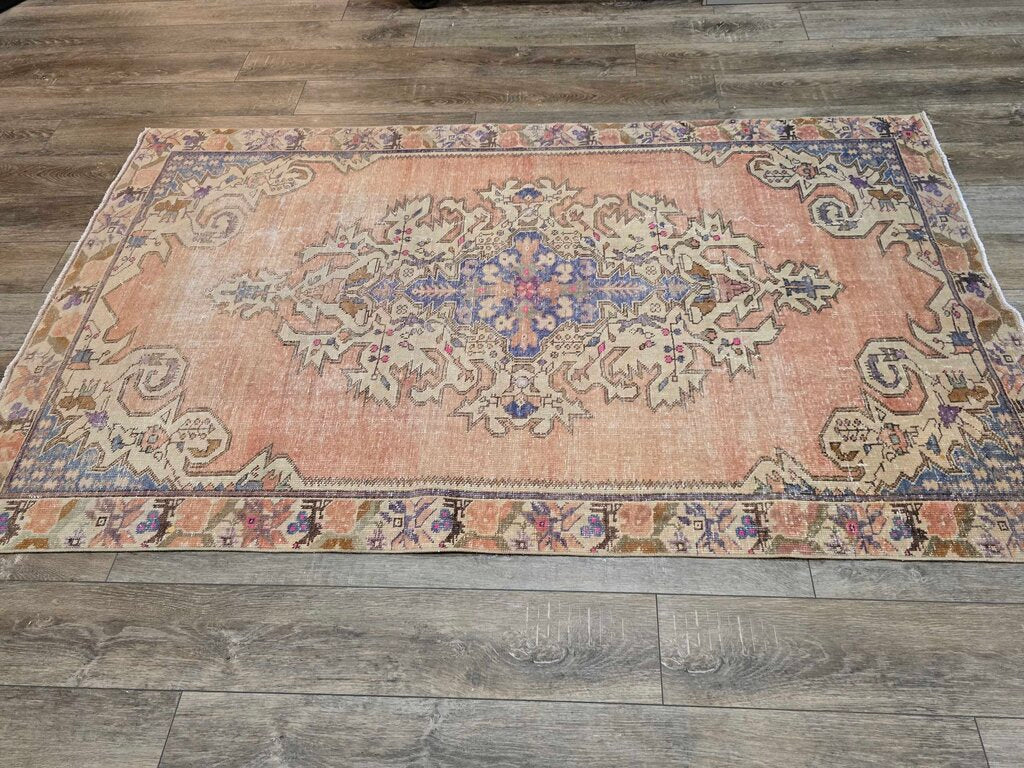 Contemporary Antique Revival Distressed Oushak Turkish Hand Woven Wool Carpet 7'1" by 4'2"