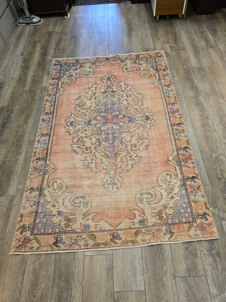 Contemporary Antique Revival Distressed Oushak Turkish Hand Woven Wool Carpet 7'1" by 4'2"