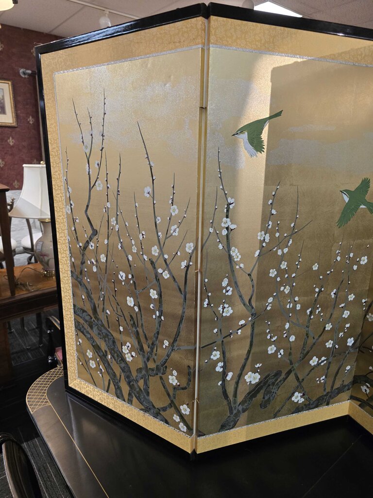 Japanese Folding Screen, Hand Painted on Gold-Leaf Paper, White Plum Blossums w/ Green Birds "Spring Comes"