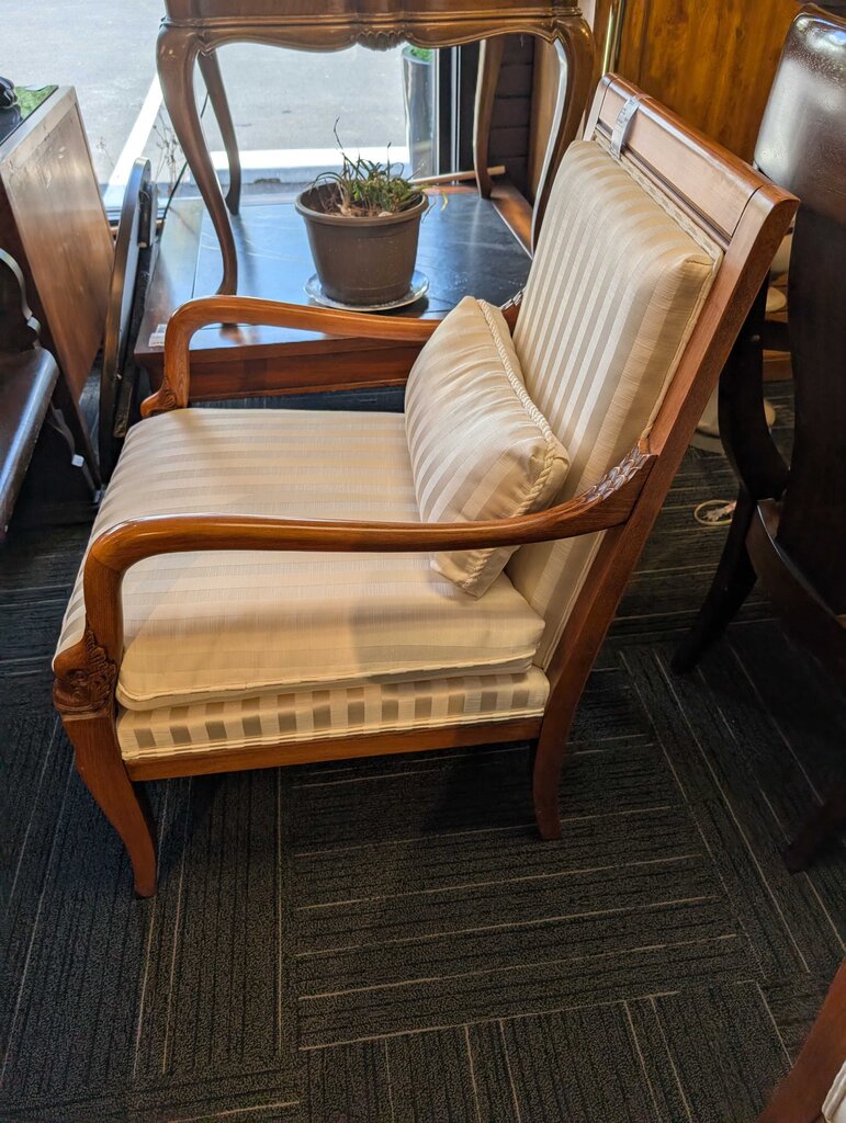Ethan Allen Country French Arm Chair w/ White Striped Fabric