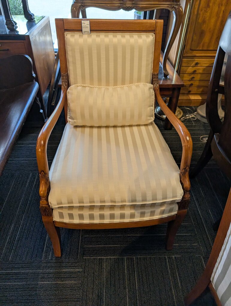 Ethan Allen Country French Arm Chair w/ White Striped Fabric