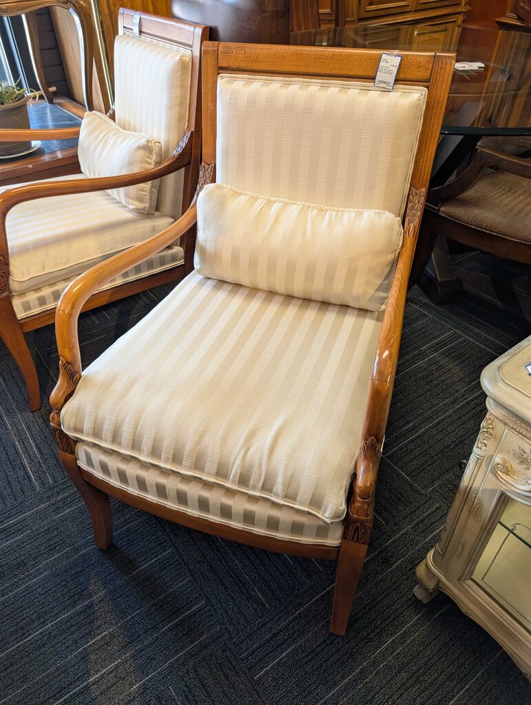 Ethan Allen Country French Arm Chair w/ White Striped Fabric