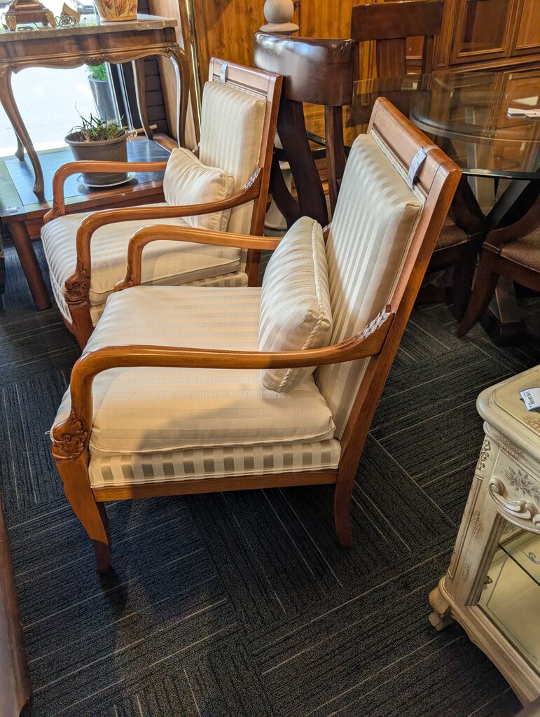 Ethan Allen Country French Arm Chair w/ White Striped Fabric