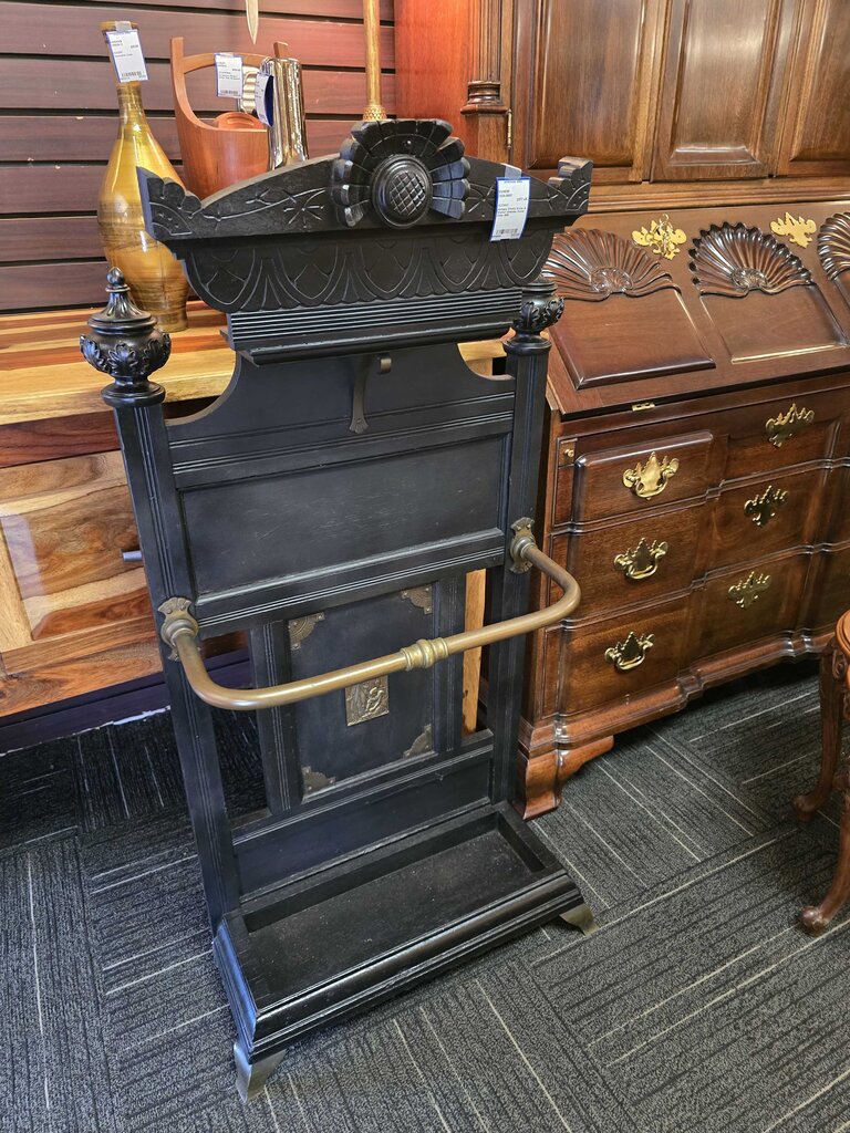 Antique Ornate Brass & Walnut Umbrella Stand Circa 1880