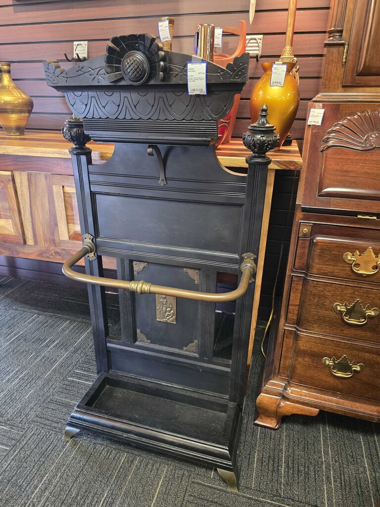 Antique Ornate Brass & Walnut Umbrella Stand Circa 1880
