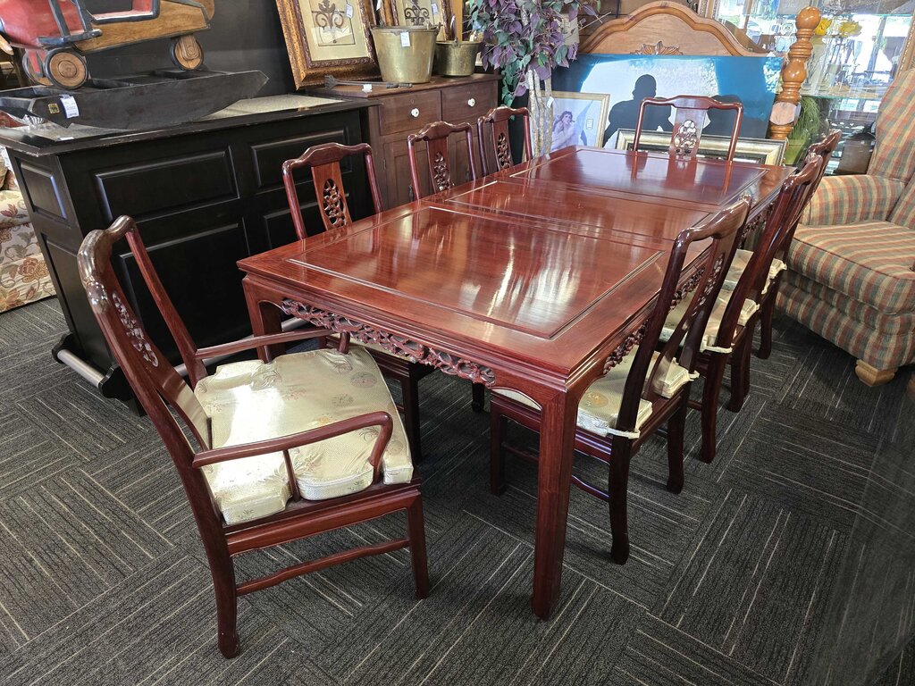 Solid Mahogany Asian Heavily Carved Table, Six Side Chairs, Two Arm Chairs, Two Leaves, and Glass Top for Table