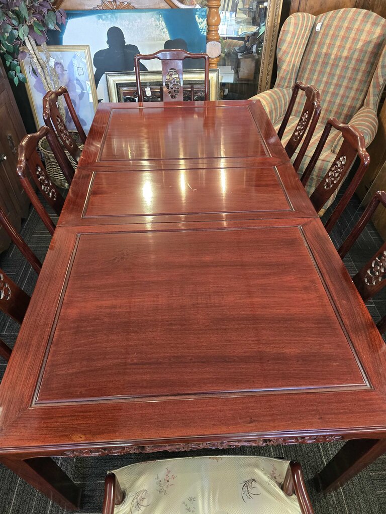 Solid Mahogany Asian Heavily Carved Table, Six Side Chairs, Two Arm Chairs, Two Leaves, and Glass Top for Table