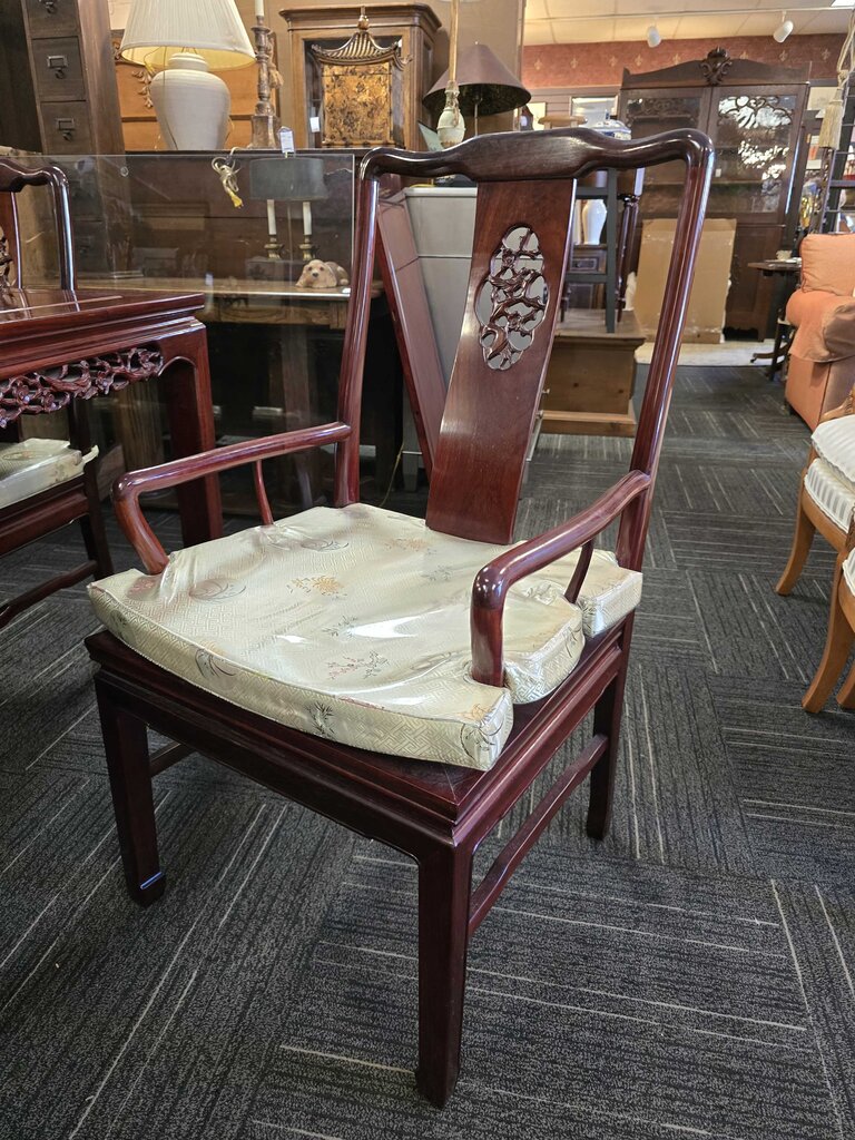 Solid Mahogany Asian Heavily Carved Table, Six Side Chairs, Two Arm Chairs, Two Leaves, and Glass Top for Table