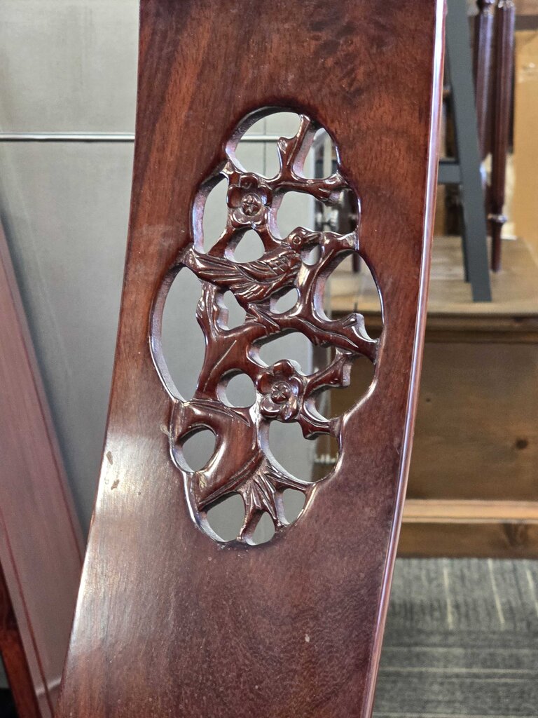 Solid Mahogany Asian Heavily Carved Table, Six Side Chairs, Two Arm Chairs, Two Leaves, and Glass Top for Table