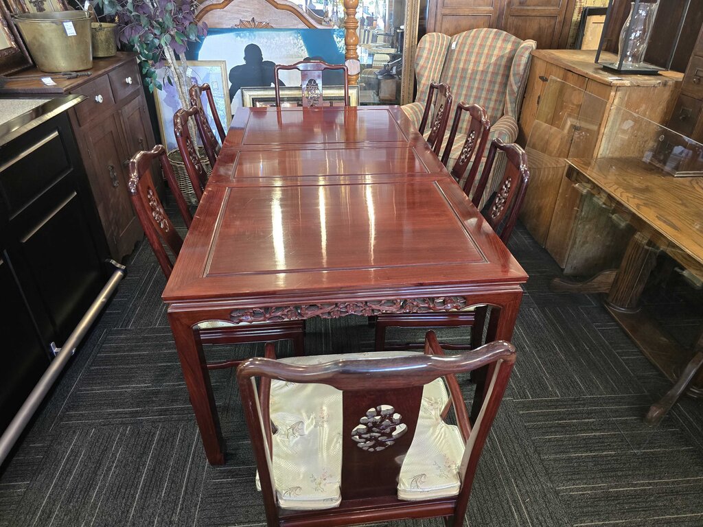 Solid Mahogany Asian Heavily Carved Table, Six Side Chairs, Two Arm Chairs, Two Leaves, and Glass Top for Table