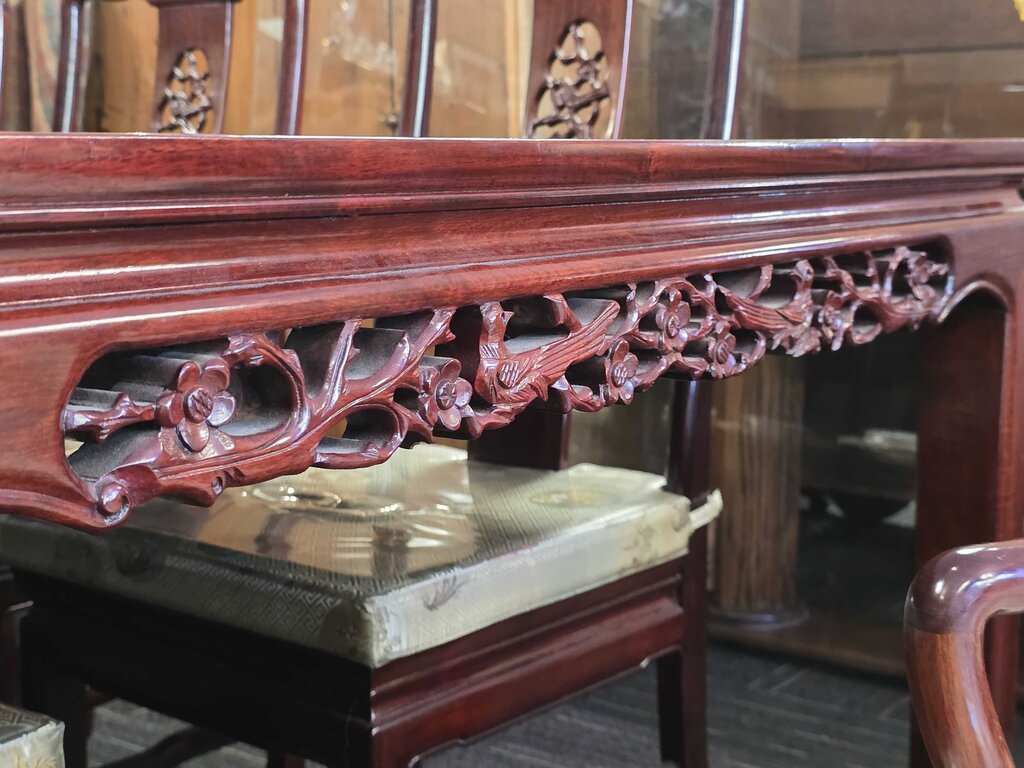 Solid Mahogany Asian Heavily Carved Table, Six Side Chairs, Two Arm Chairs, Two Leaves, and Glass Top for Table