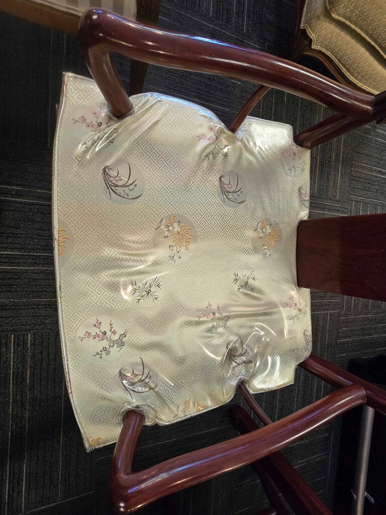 Solid Mahogany Asian Heavily Carved Table, Six Side Chairs, Two Arm Chairs, Two Leaves, and Glass Top for Table