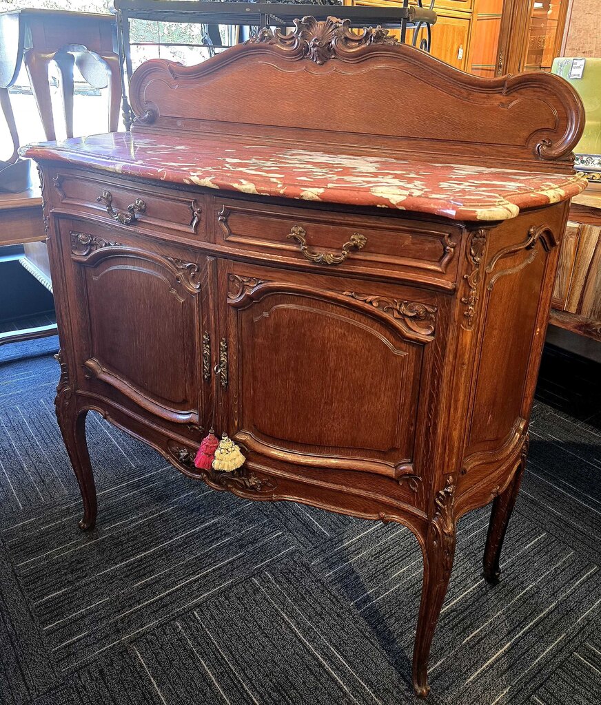 Fabulous Oak Continental French Server w/ Rosso Rouge Royal Marble Top