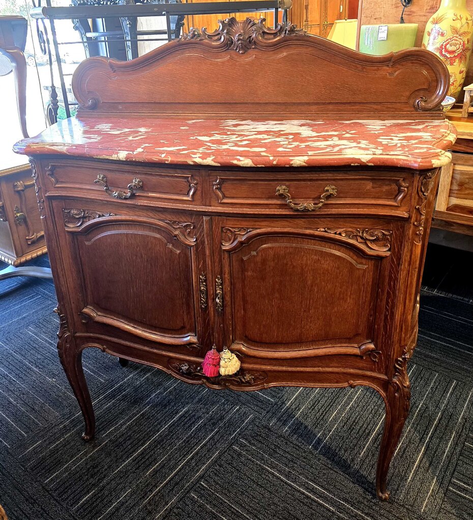 Fabulous Oak Continental French Server w/ Rosso Rouge Royal Marble Top