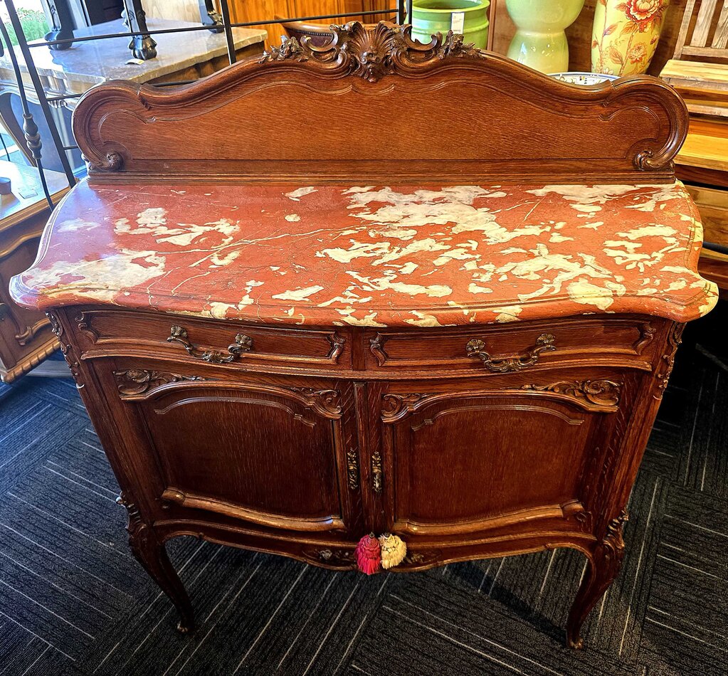 Fabulous Oak Continental French Server w/ Rosso Rouge Royal Marble Top