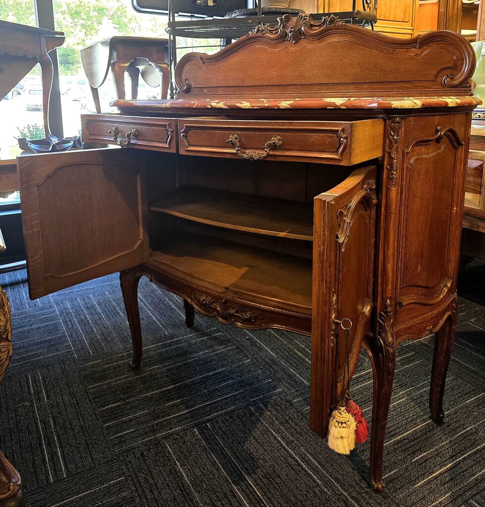 Fabulous Oak Continental French Server w/ Rosso Rouge Royal Marble Top