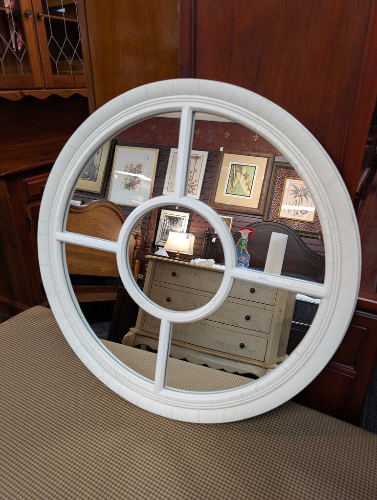 Round Distressed Windowpane Mirror